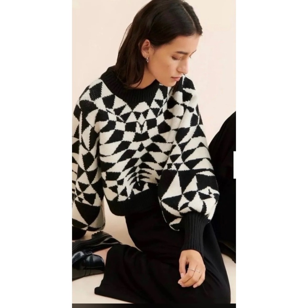 Free People Black White Geometric Fair Isle Chunky Knit Sweater XS Cabincore
